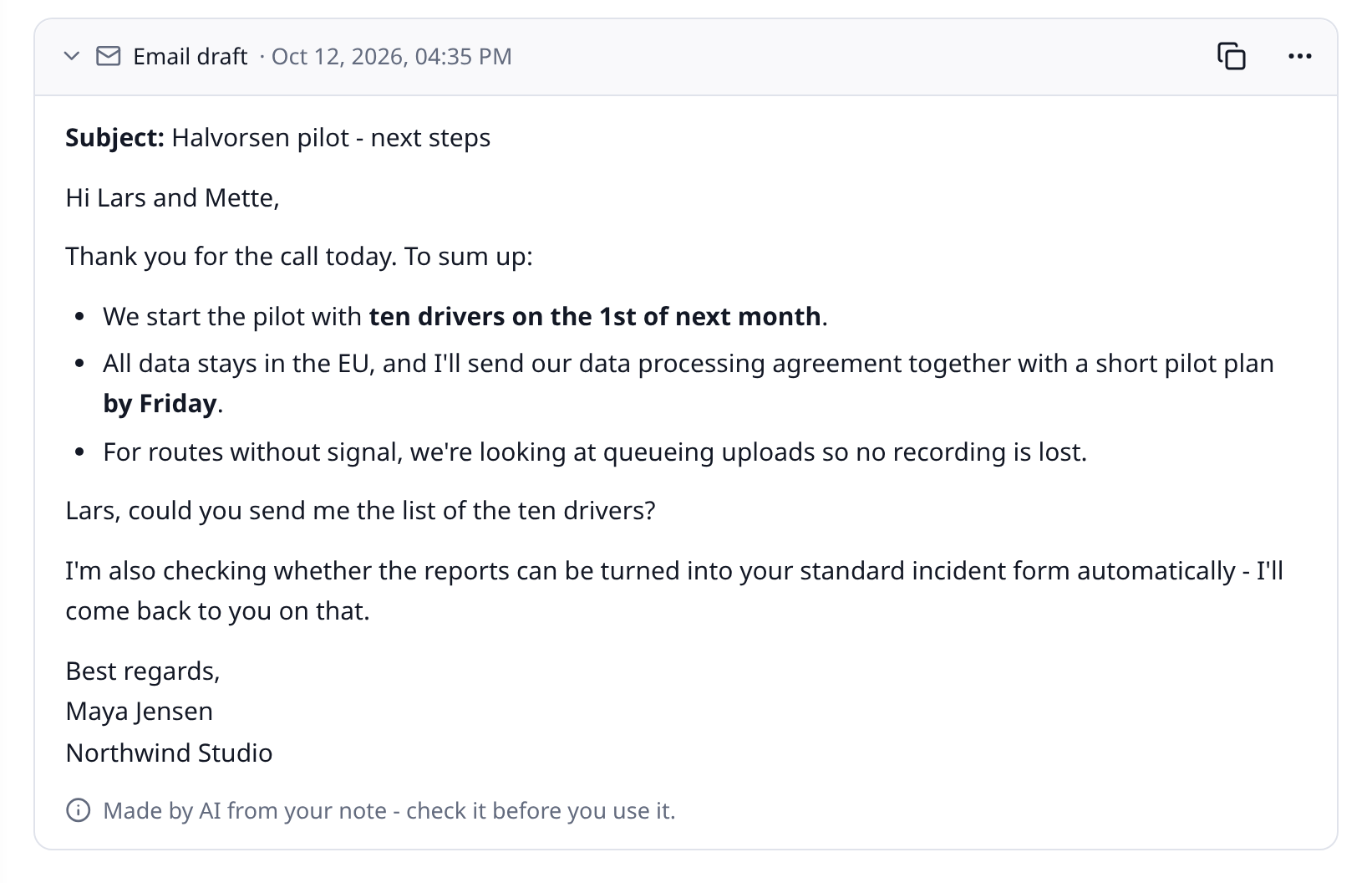 An email draft made from a client call note, with a subject line and the agreed next steps.