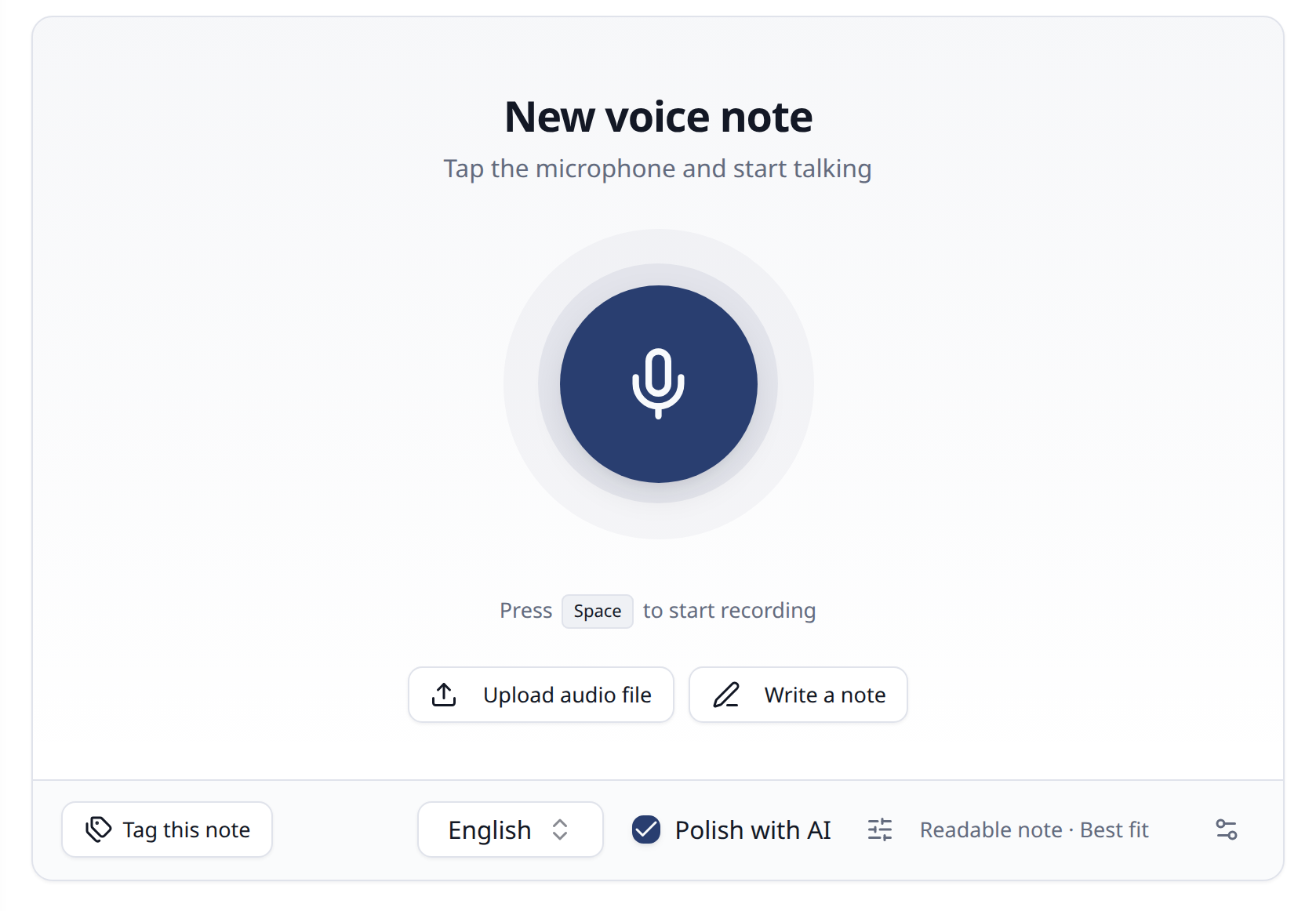 The record page: a large record button under “New voice note”, with options to upload an audio file or write a note.